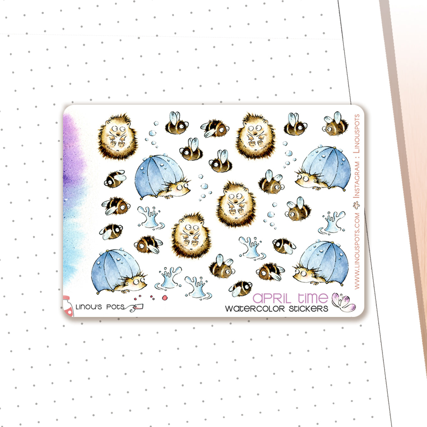Buzzing in the Rain - Decorative Watercolor Stickers MINI - Bees &amp; Hedgehogs Only