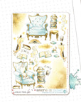 watercolors stickers with armchairs books coffees illustrations
