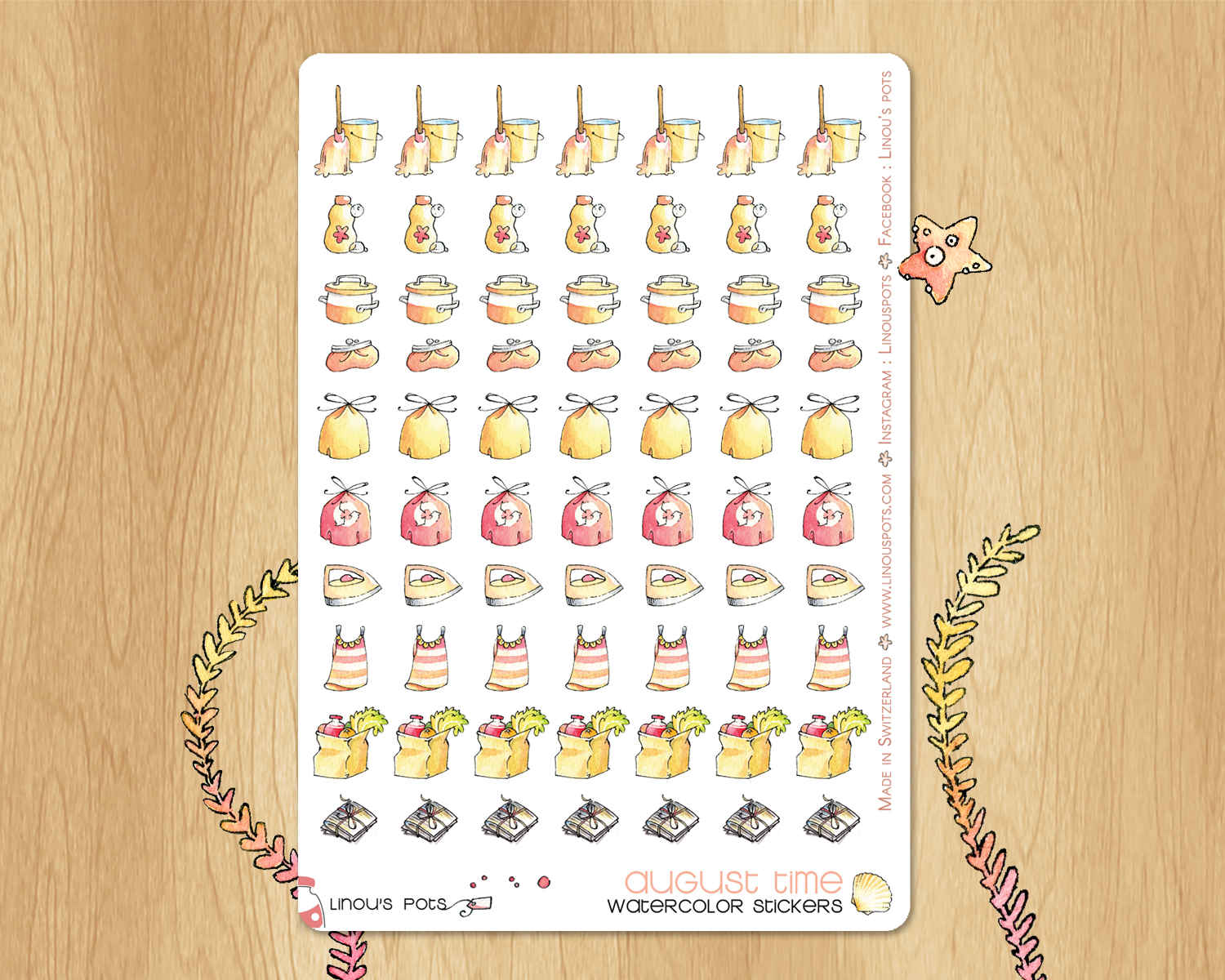House chores watercolor stickers with summer vibes