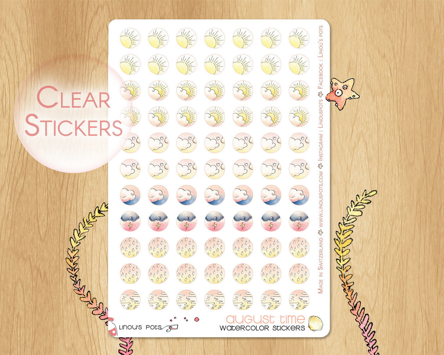 Weather watercolor stickers in pink and yellow tones