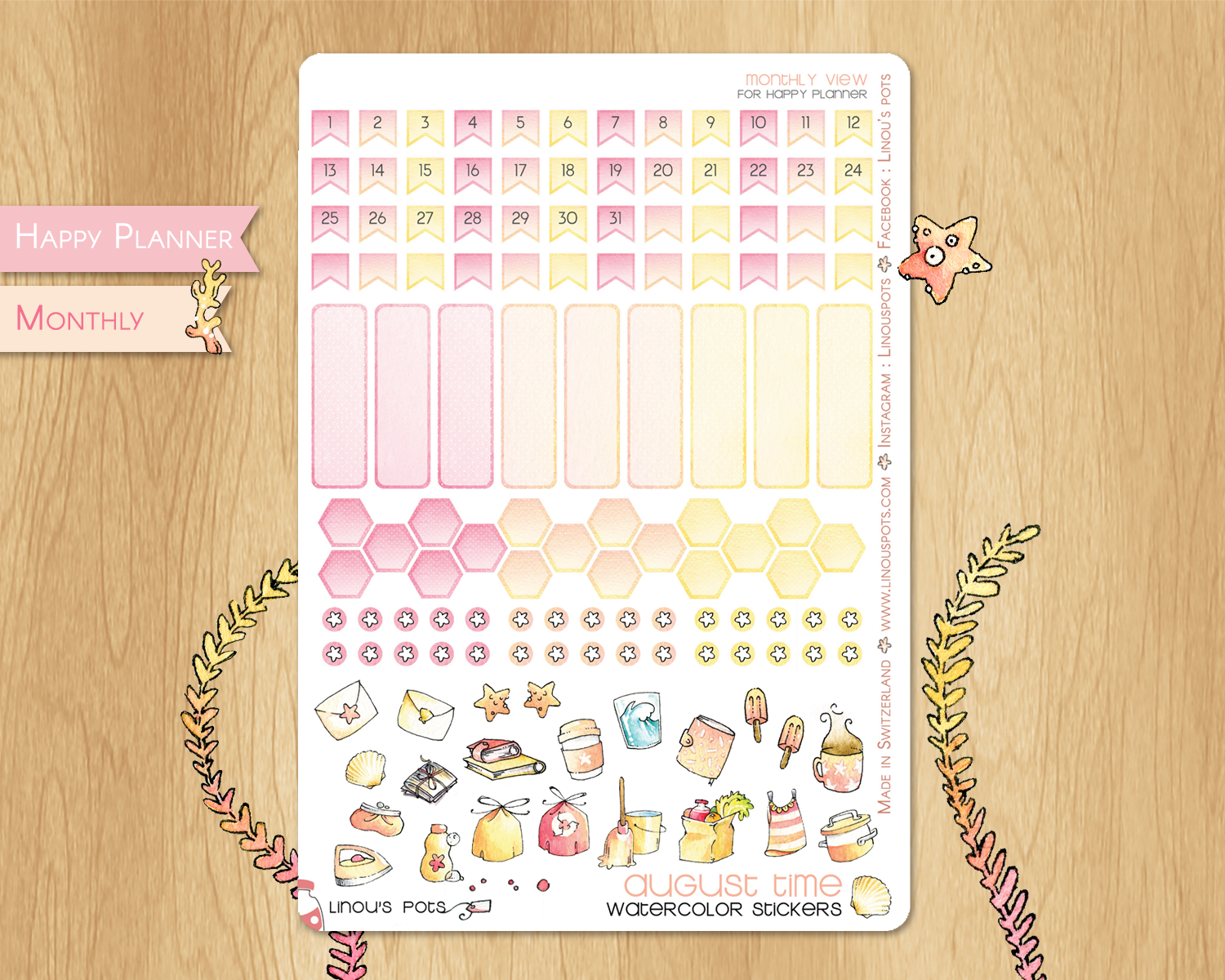 Monthly dates watercolor stickers for Summer - Happy Planner version