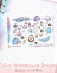 Foiled watercolor planner stickers with hedgehogs, flowers and umbrellas under the rain
