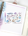 Foiled watercolor planner stickers with hedgehogs, flowers and umbrellas under the rain