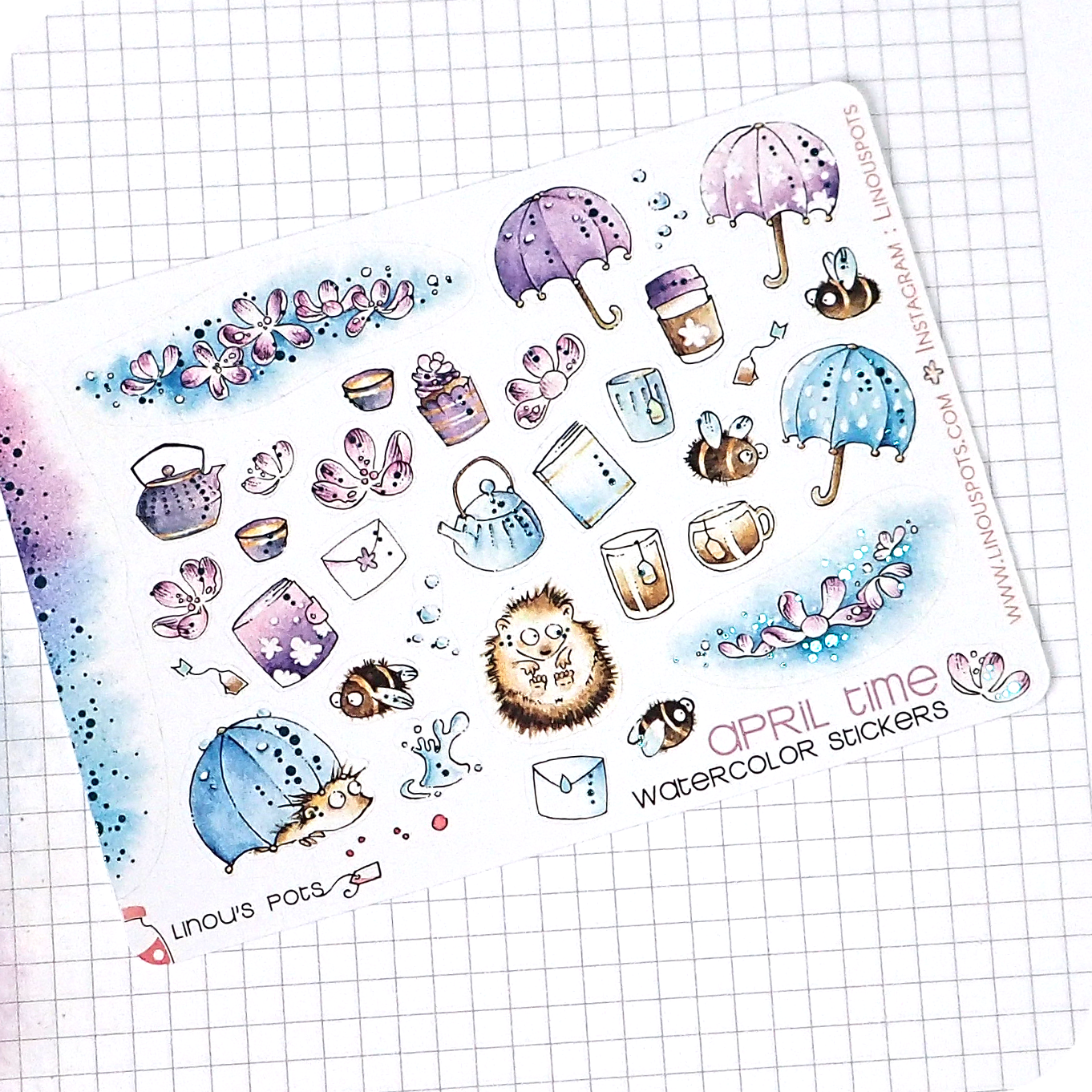 Foiled watercolor planner stickers with hedgehogs, flowers and umbrellas under the rain