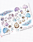 Foiled watercolor planner stickers with hedgehogs, flowers and umbrellas under the rain