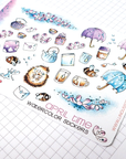 Foiled watercolor planner stickers with hedgehogs, flowers and umbrellas under the rain