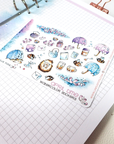 Foiled watercolor planner stickers with hedgehogs, flowers and umbrellas under the rain