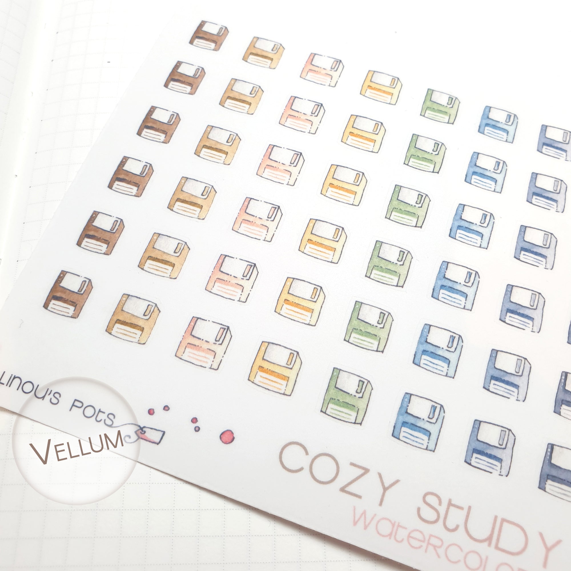 Close up of floppy disks watercolor stickers for planners