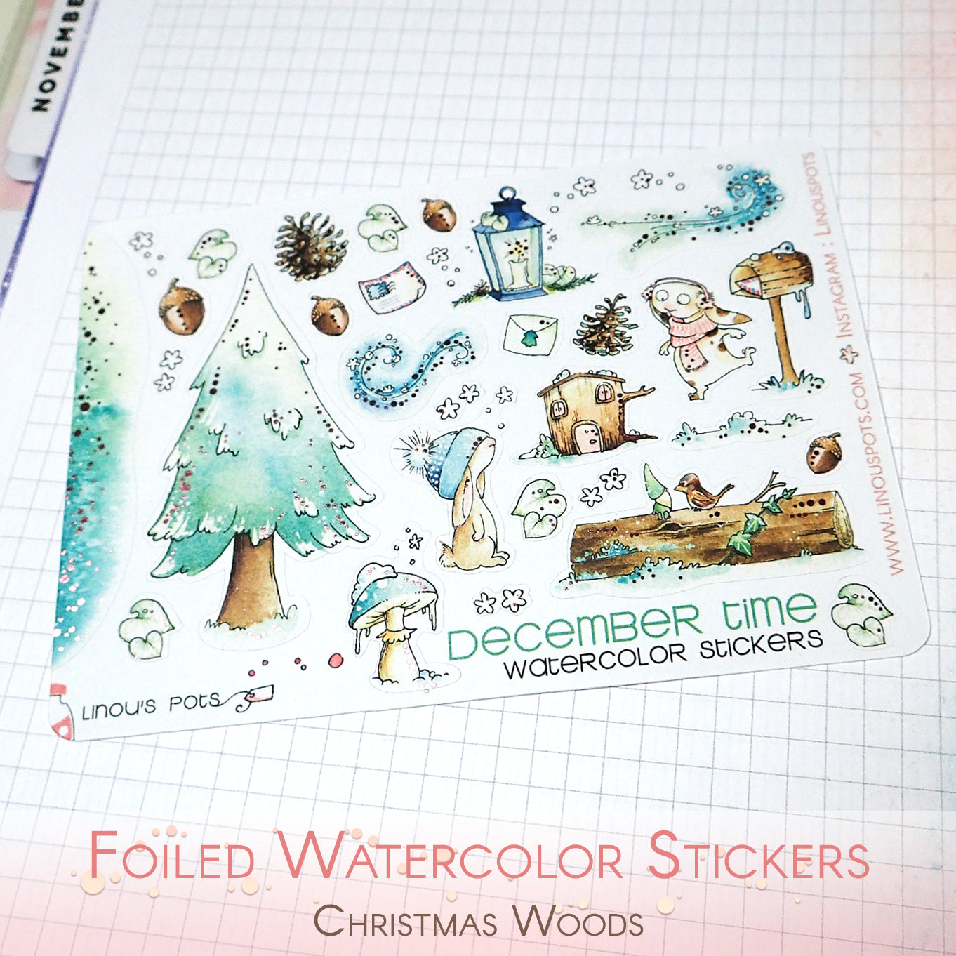Foiled watercolor planner stickers for Christmas