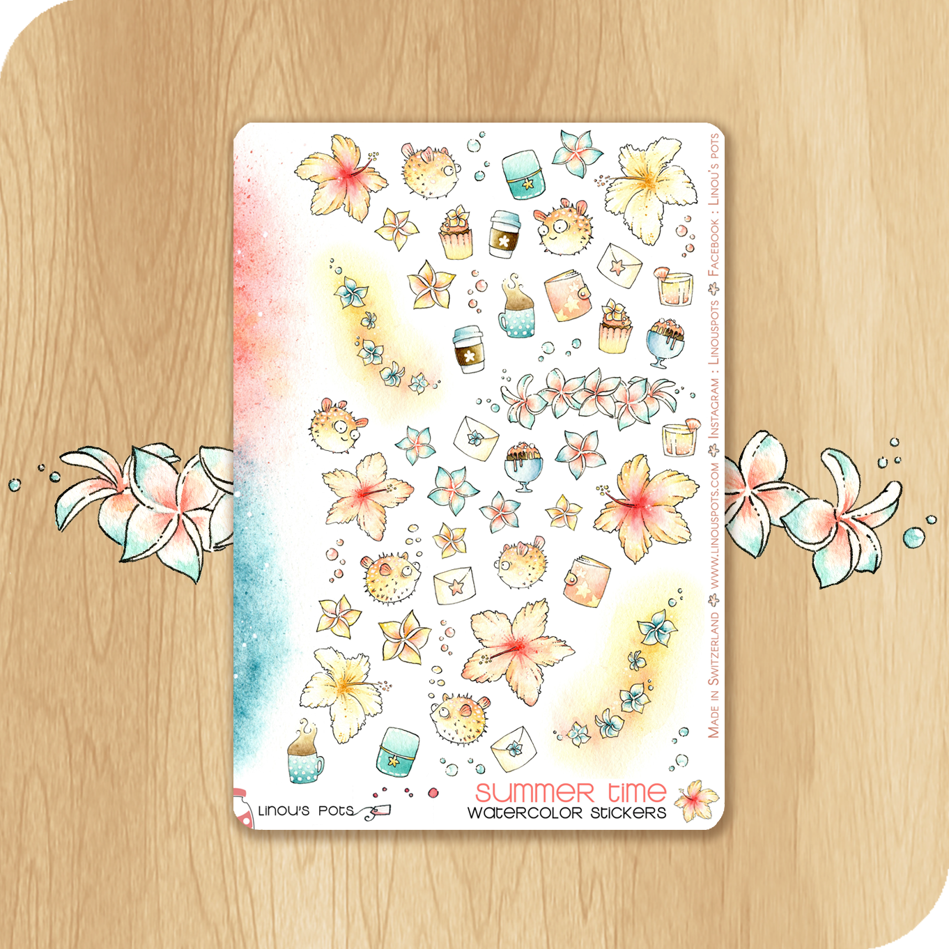 Late Summer - Decorative Watercolor Stickers - Flowers &amp; Spiny Fishes