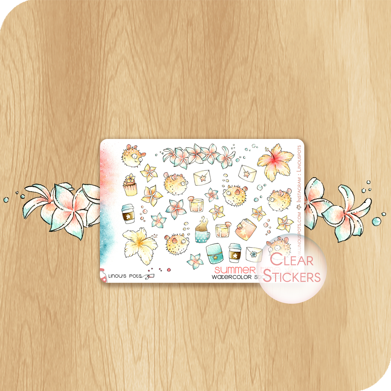 Late Summer - Decorative Watercolor Stickers MINI - Flowers &amp; Spiny Fishes