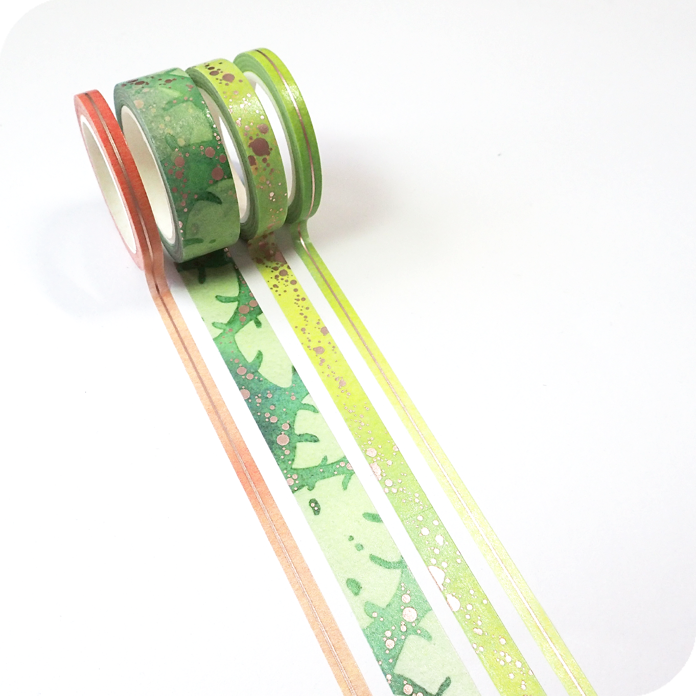 Off The Clock - Foiled 8mm Washi Tape - Green with Rose Gold Spots