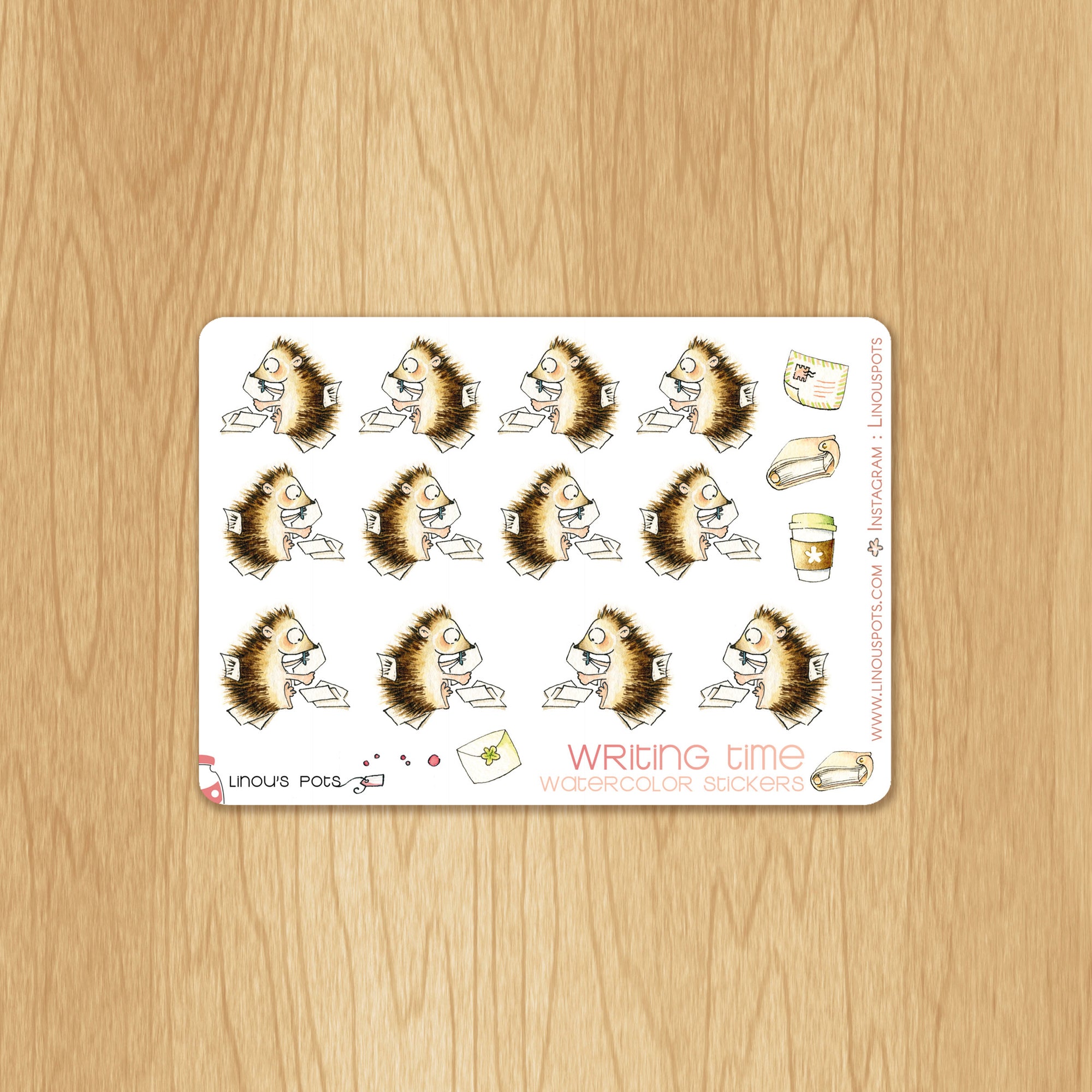 Writing Time - Decorative Watercolor Stickers - Writing Hedgehogs