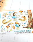 Feathery Fall - Decorative Watercolor Stickers MINI - Hedgehogs On Mushrooms FOILED ✨