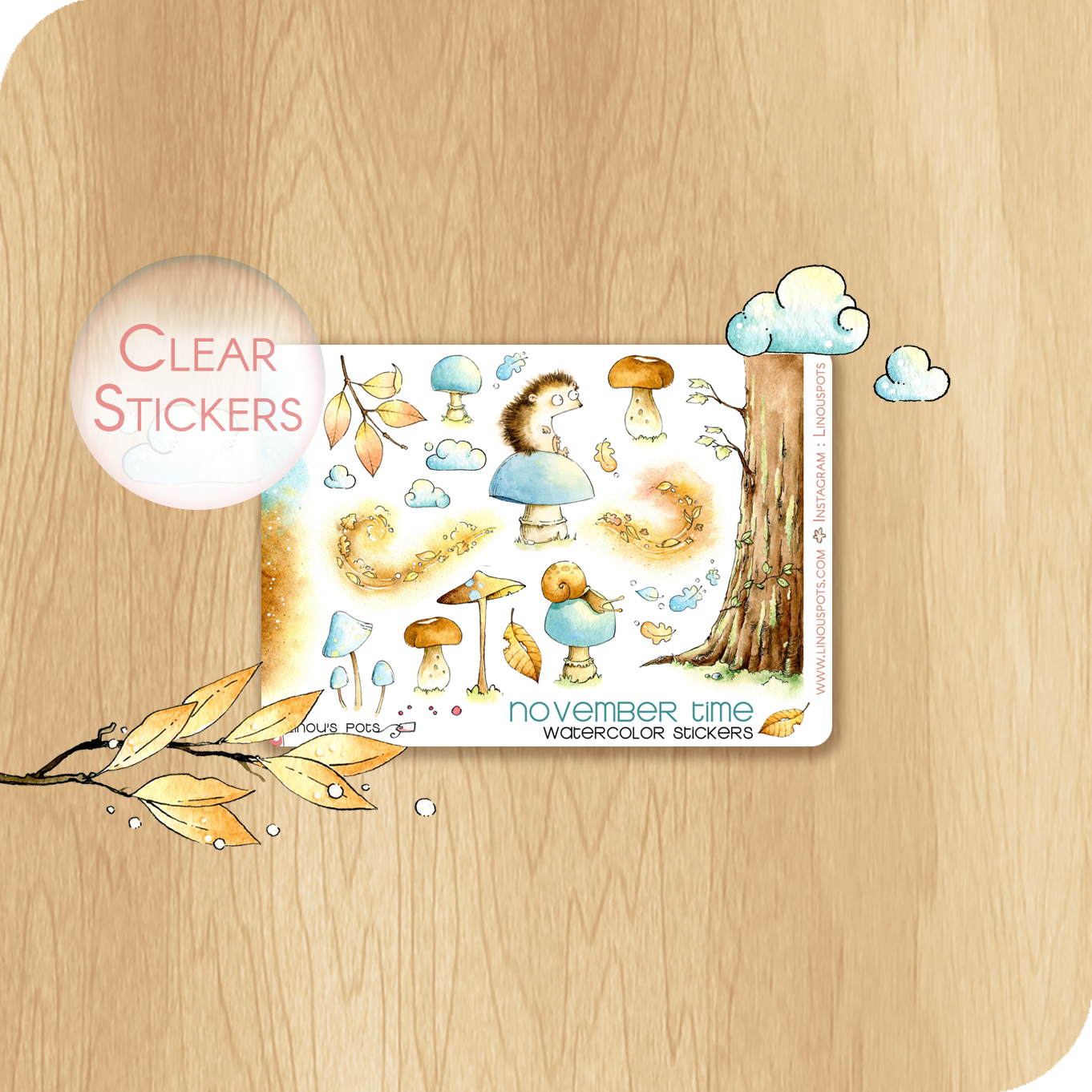 Feathery Fall - Decorative Watercolor Stickers MINI - Hedgehogs On Mushrooms