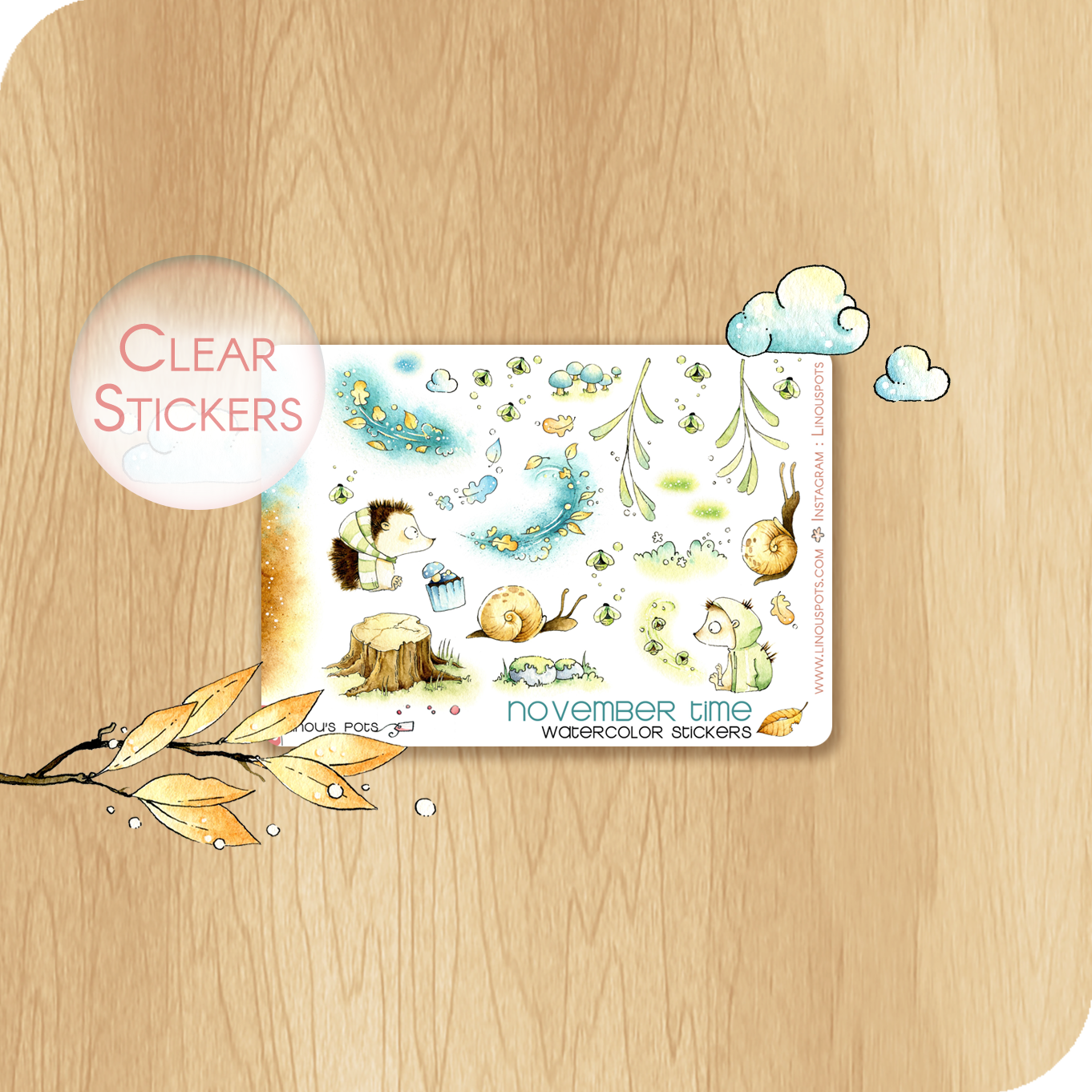 Feathery Fall - Decorative Watercolor Stickers MINI - Hedgehogs With Lightening Bugs