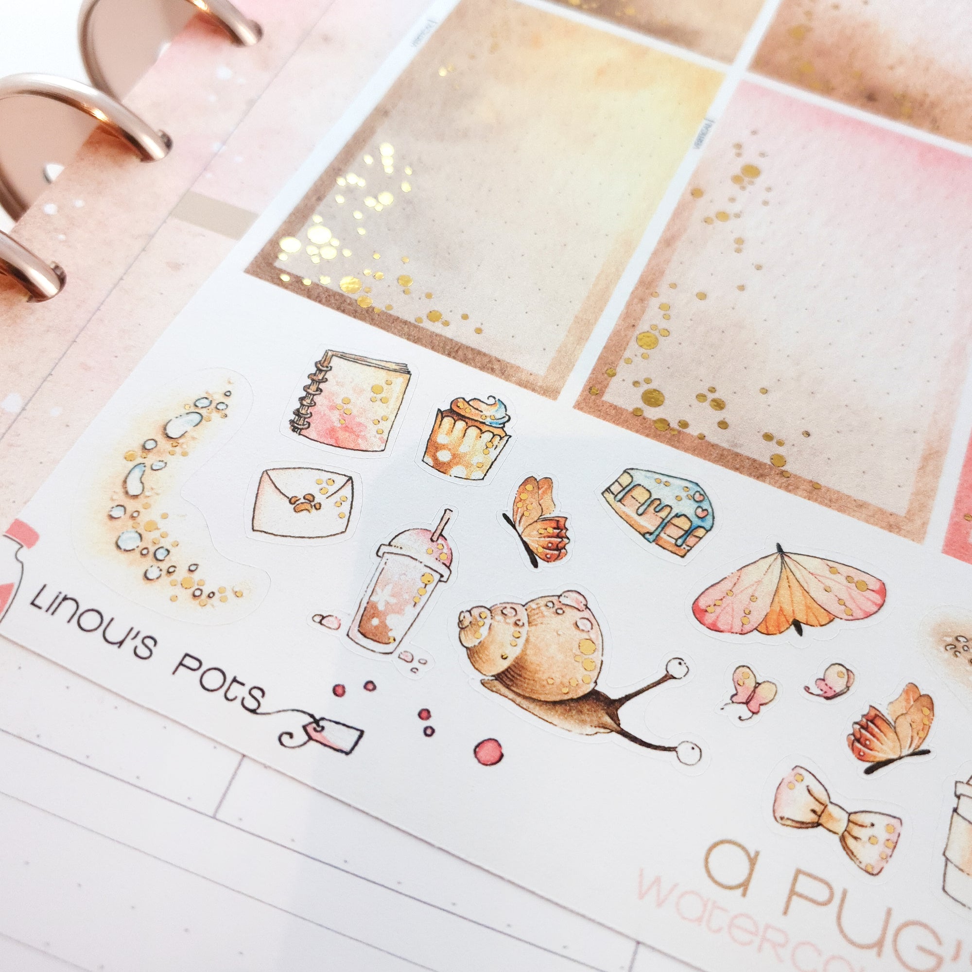 A Pug&#39;s Life - Watercolor Planner Stickers - Foiled 1,5’’ Fullboxes Pink ✨