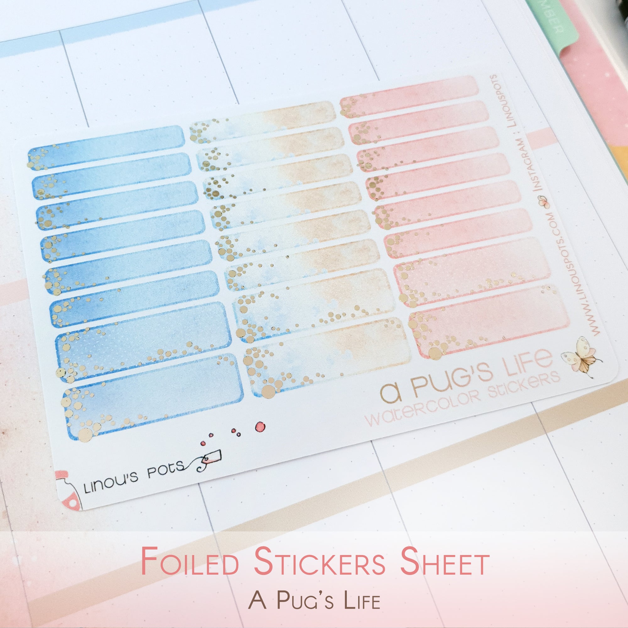 A Pug&#39;s Life - Watercolor Planner Stickers - 1,5’’ Wide Foiled Miniboxes ✨