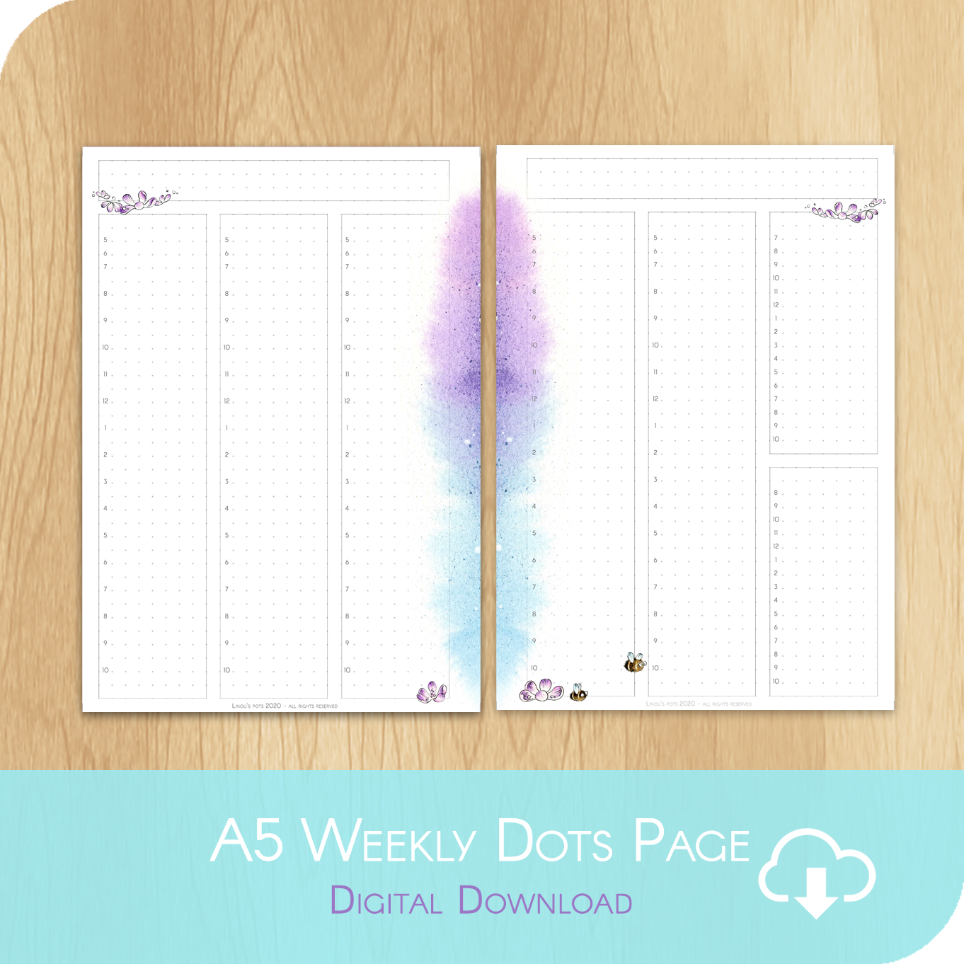 Buzzing In The Rain - Printable A5 Dots Hourly Page - 1 Week on 2 Pages
