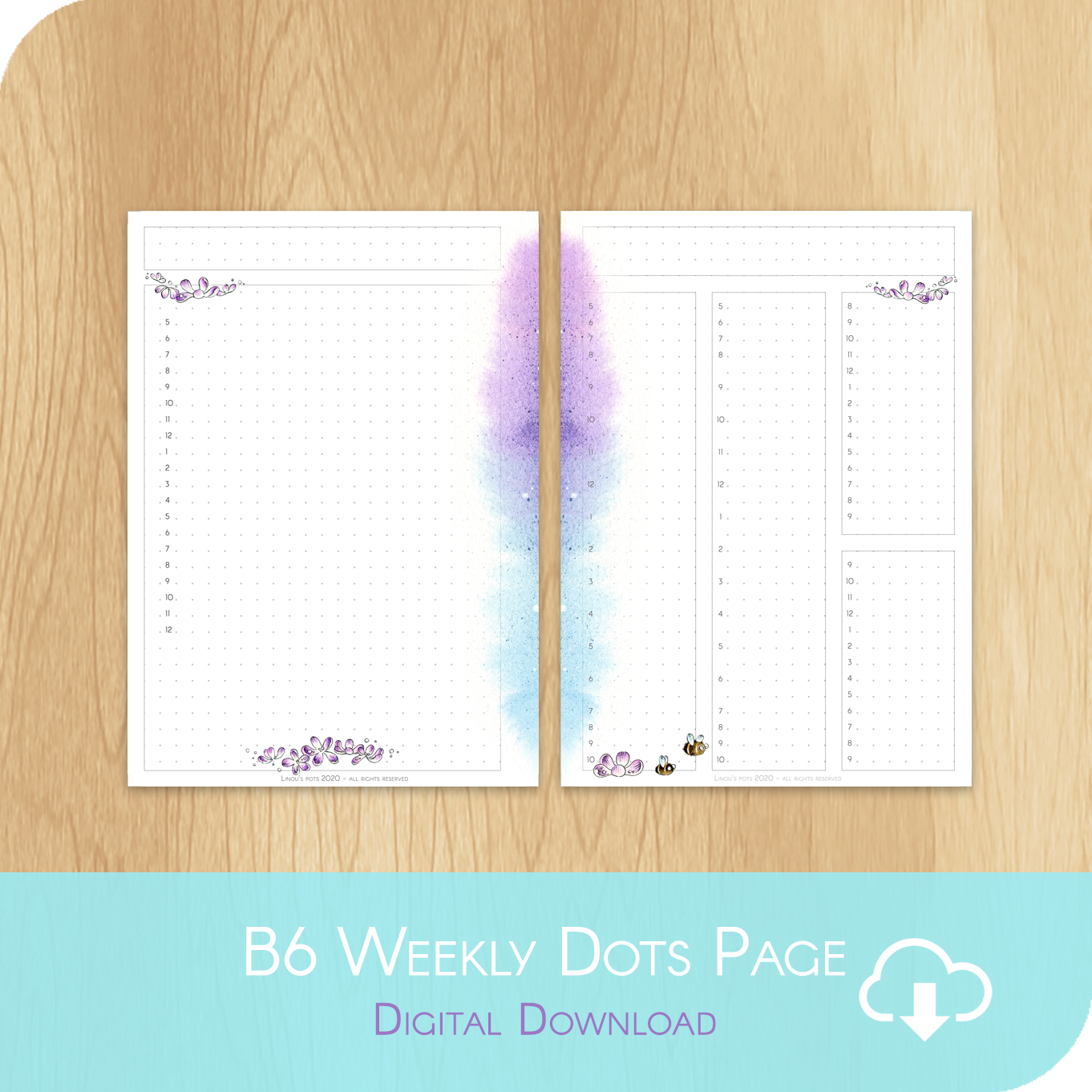 Buzzing In The Rain - Printable B6 Dots Hourly Page - 1 Week on 2 Page ...