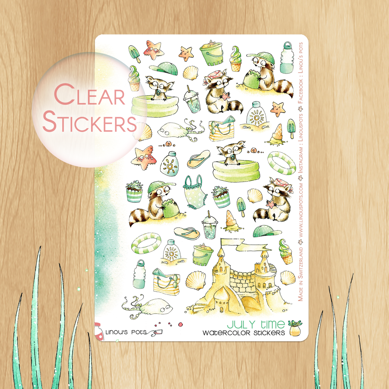 Playing In The Sand - Watercolor Decorative Stickers - Raccoons On The Beach