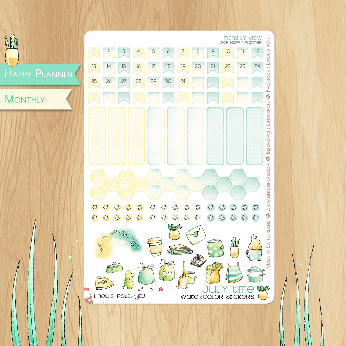 Playing In The Sand - Watercolor Planner Stickers - Monthly Dates and Eventboxes
