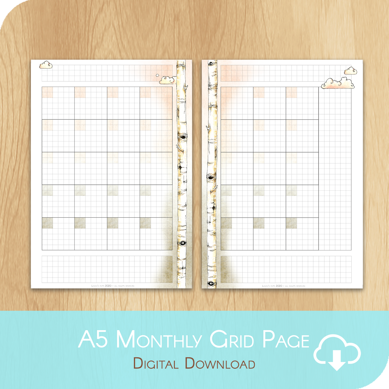 Love Is In The Air - Printable A5 Grid Undated Monthly - 1 Month on 2 Pages