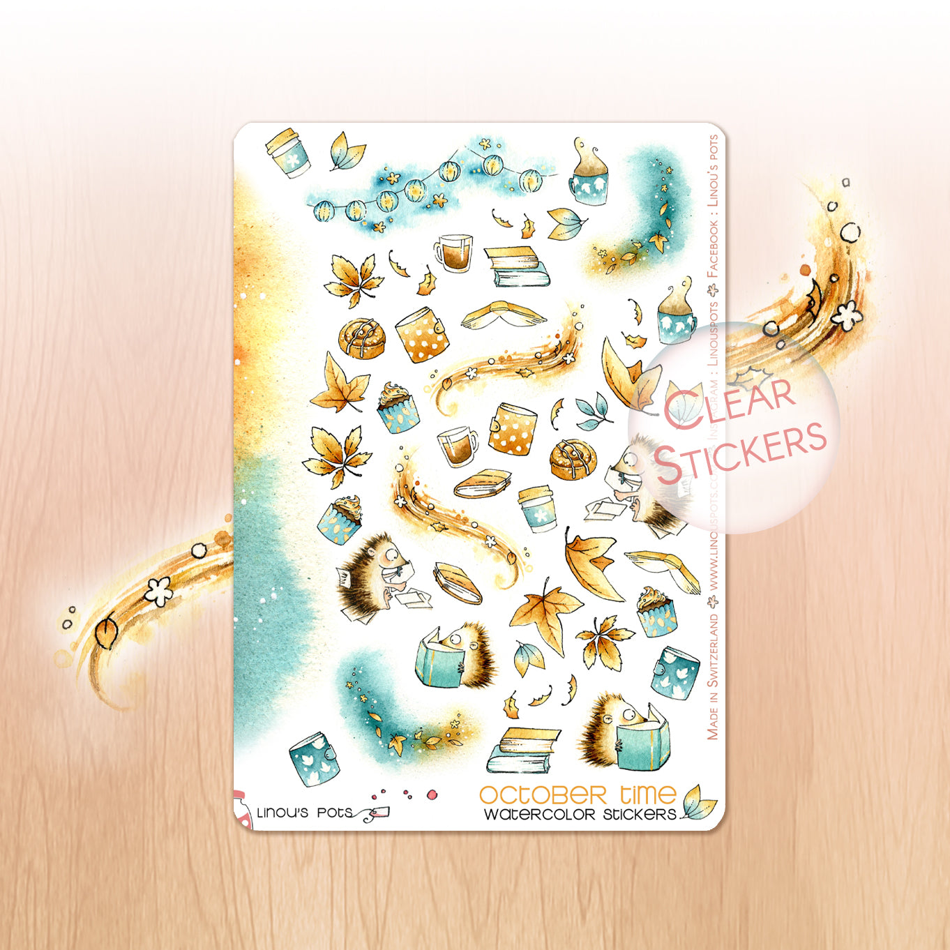 Watercolor stickers with hedgehogs und fall leaves