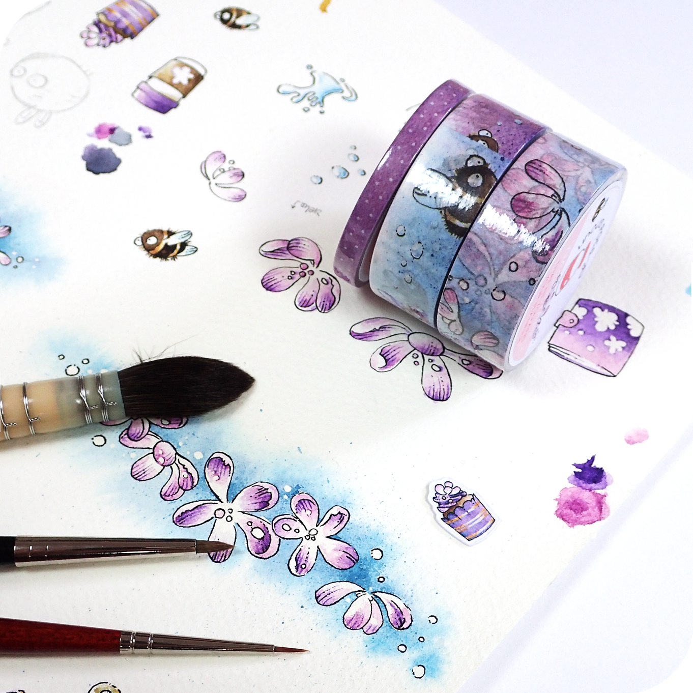 Buzzing In The Rain - Washi Tape with Purple Flowers