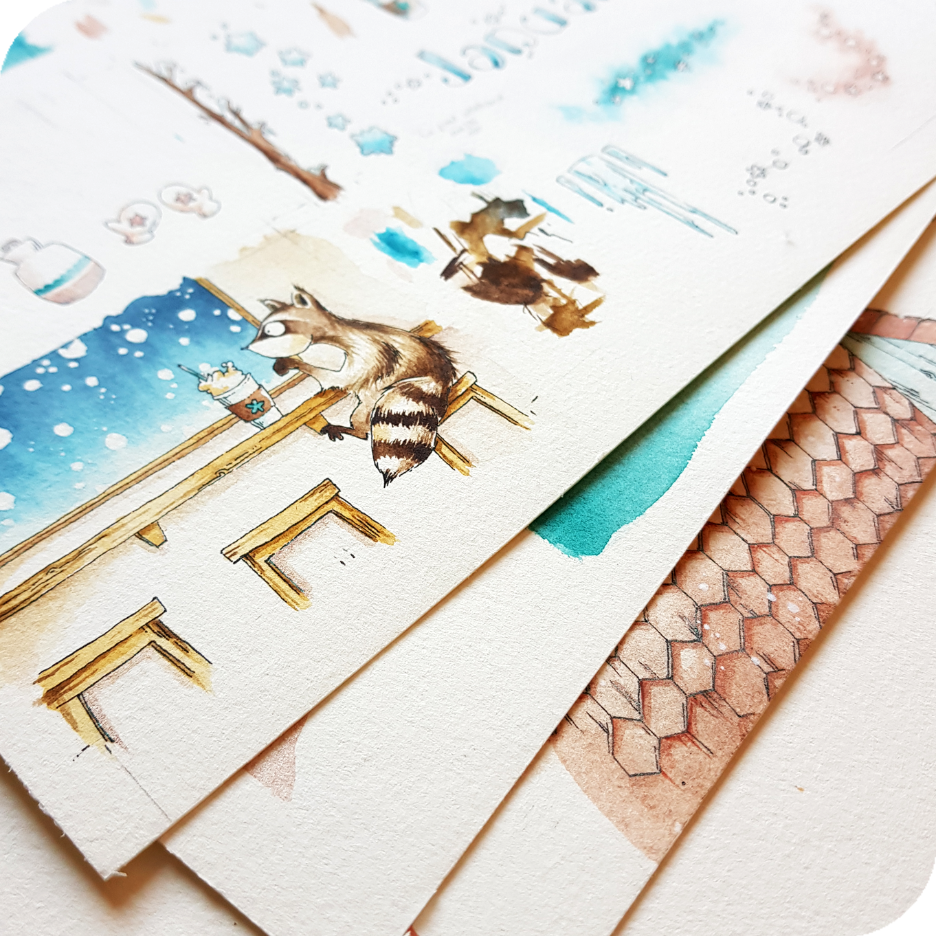 Watercolor illustrations with raccoons watching snow