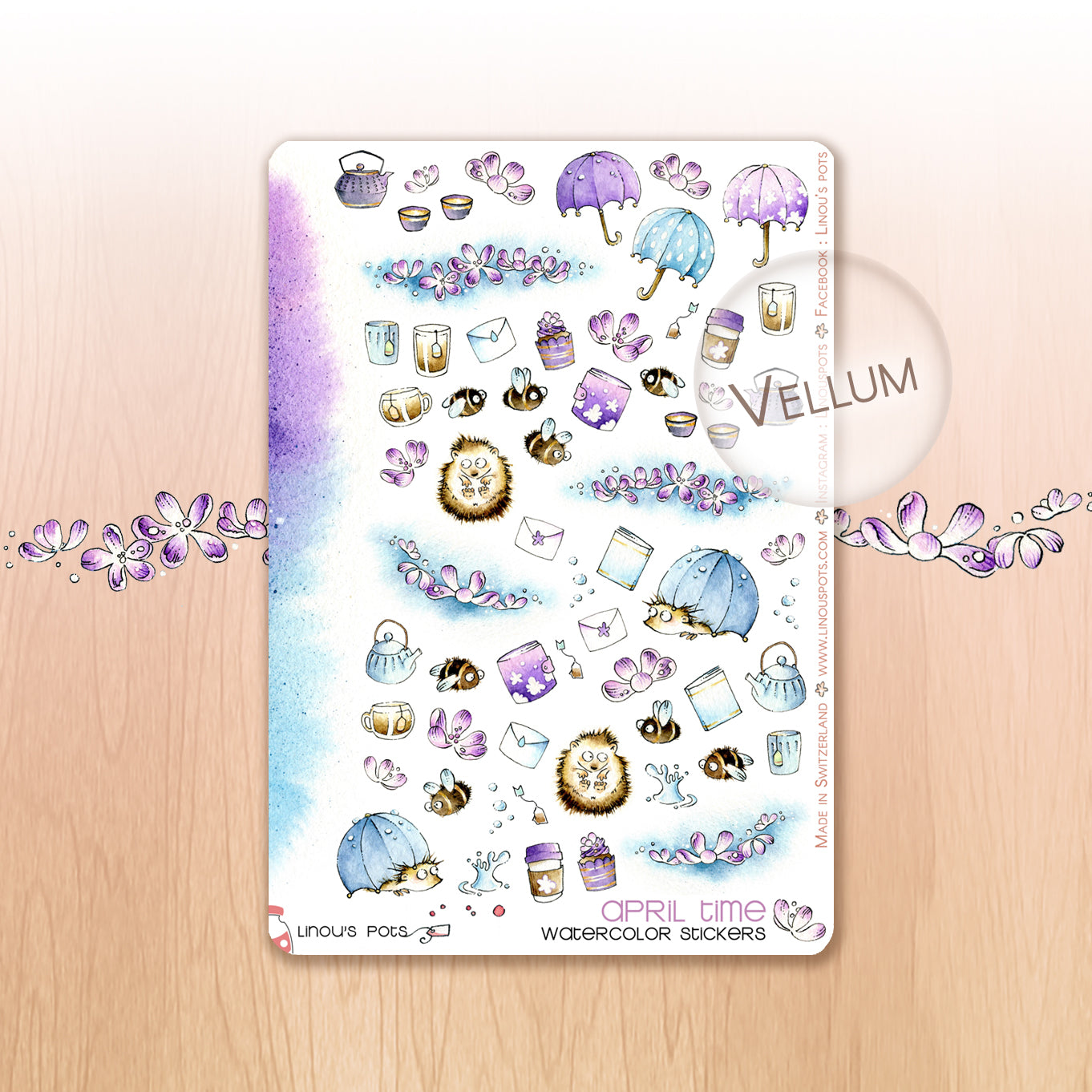 Buzzing In The Rain - Decorative Watercolor Stickers - Bumblebees, Hedgehogs, Umbrellas