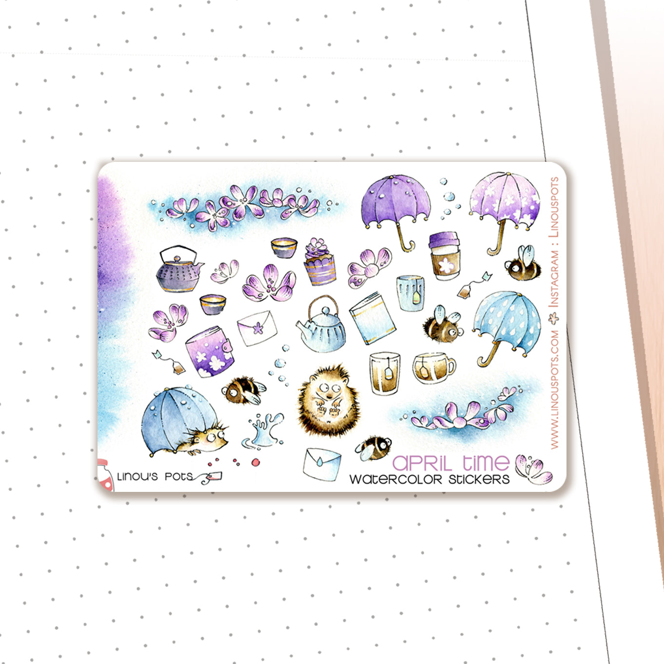 Buzzing in the Rain - Decorative Watercolor Stickers MINI - Bees &amp; Hedgehogs Under The Rain