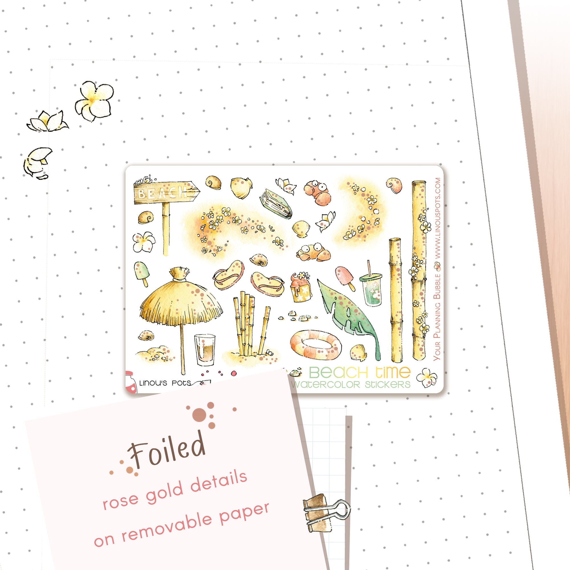 Beach watercolor stickers with foiled