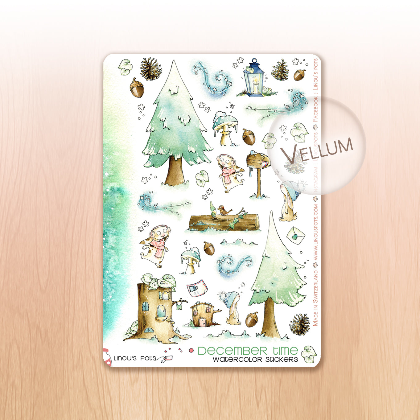 Christmas Woods - Decorative Watercolor Stickers - Rabbits In the Woods