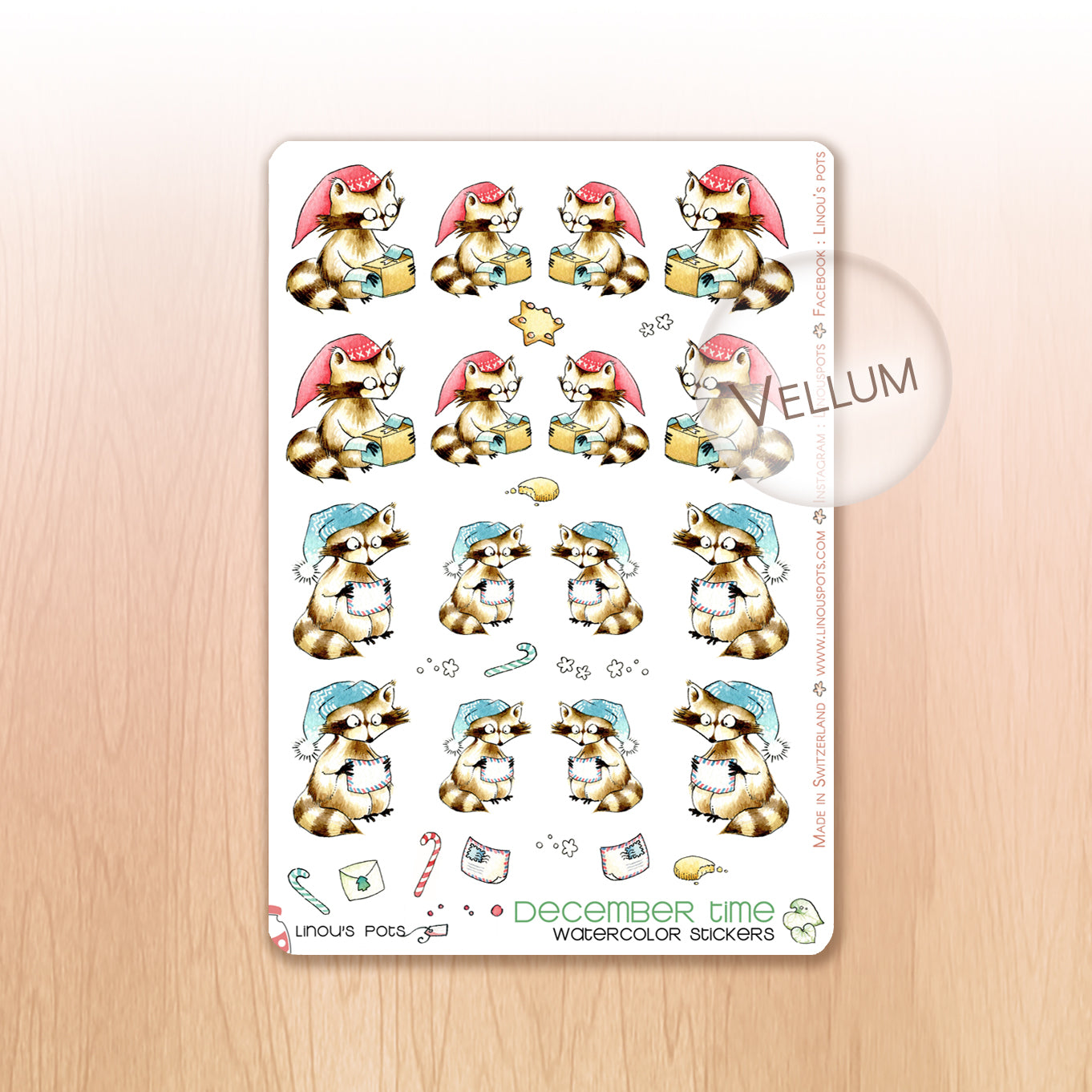 Christmas Woods - Decorative Watercolor Stickers - Raccoons Packing
