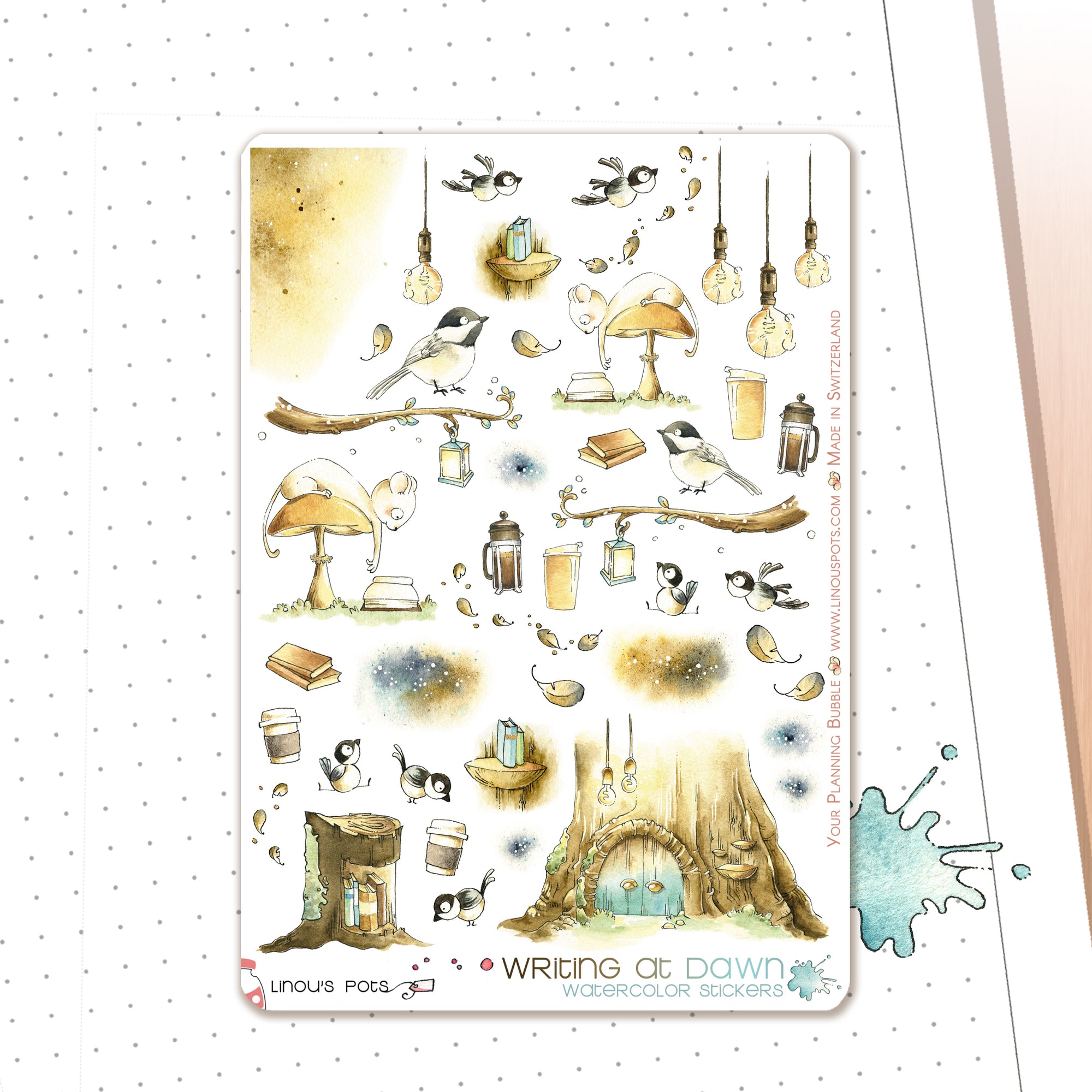 watercolor stickers with birds and trees