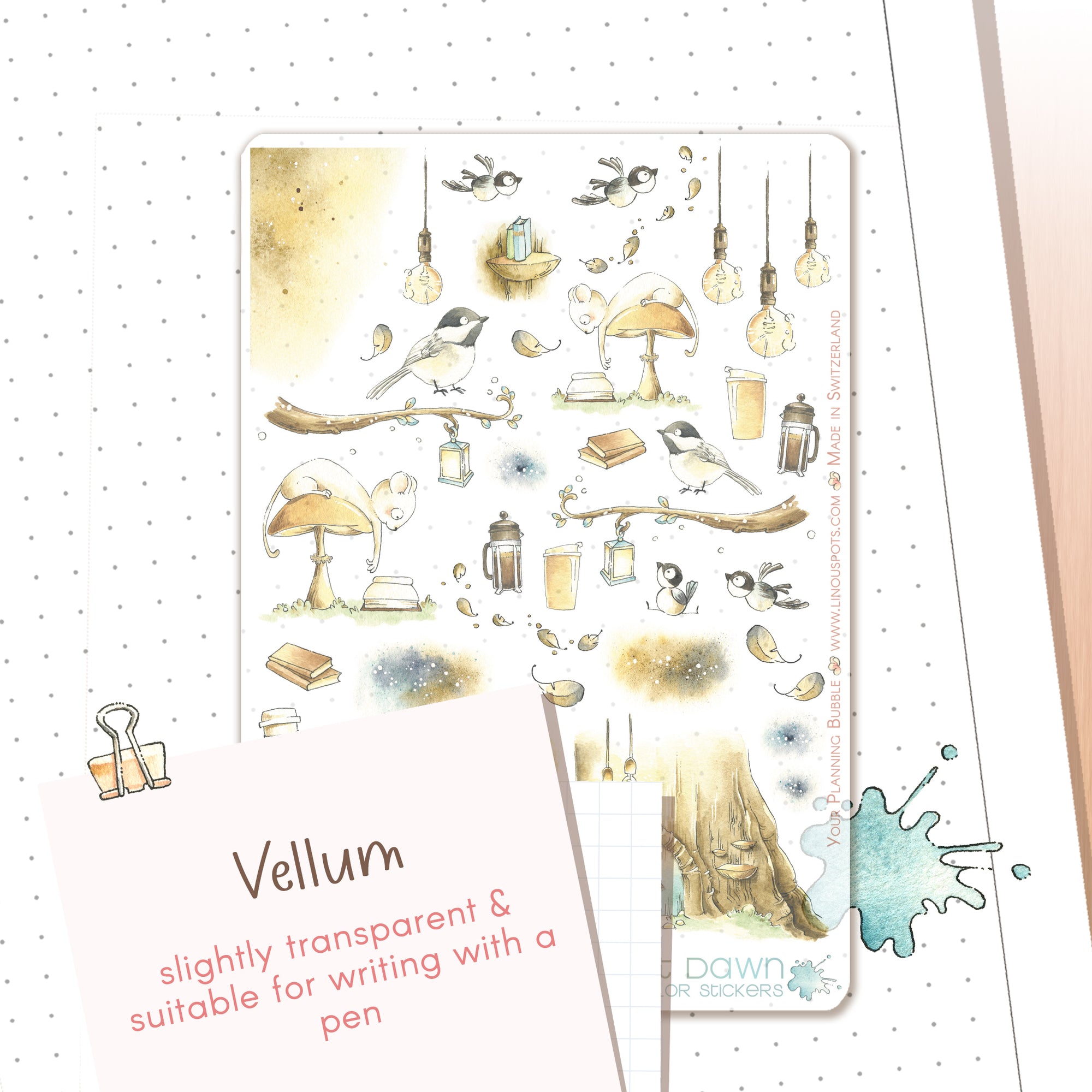 watercolor stickers with birds and trees