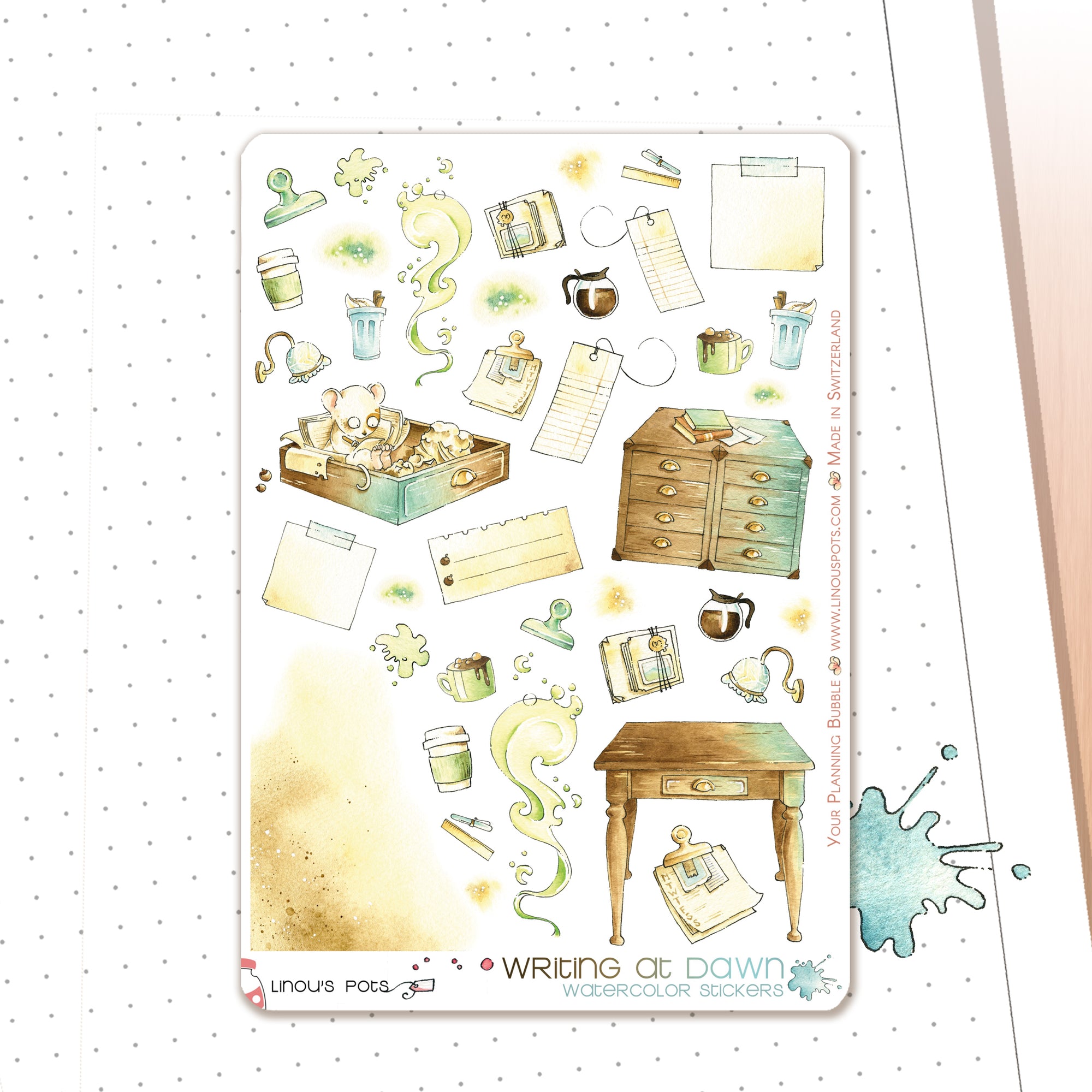Handmade watercolor stickers Mouse Table illustrations
