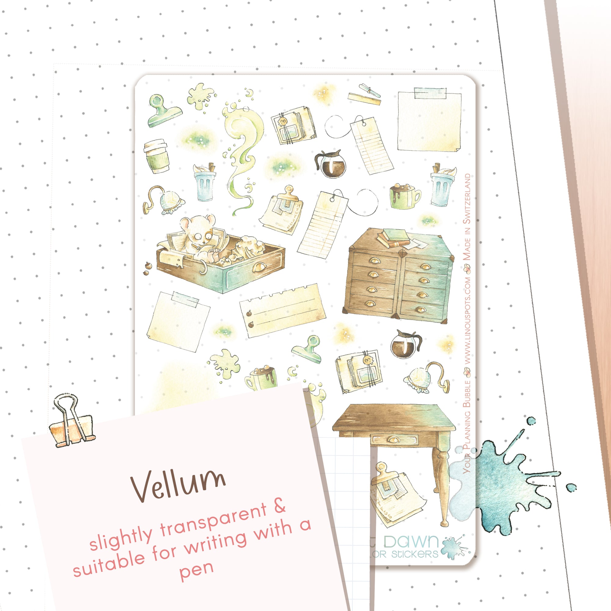Handmade watercolor stickers Mouse Table illustrations