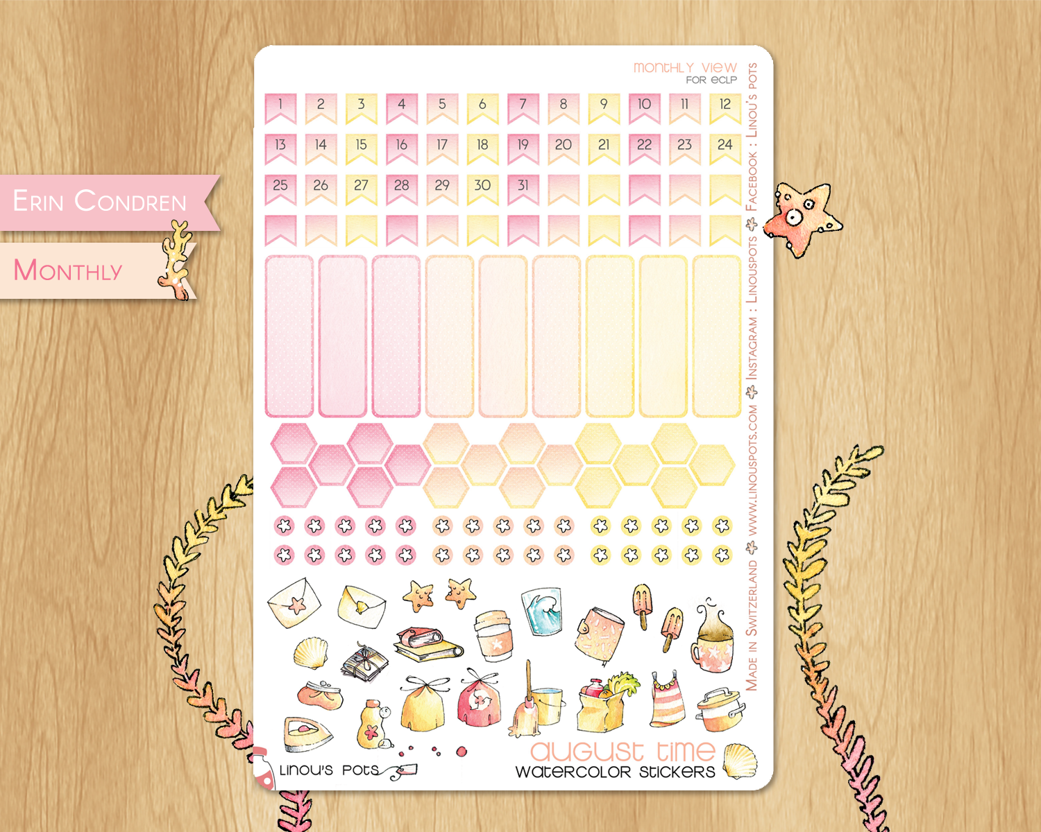 Monthly dates watercolor stickers for Summer - Erin Condren version