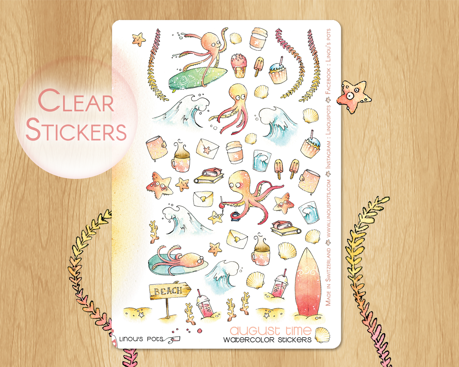 Watercolor decorative stickers with octopuses