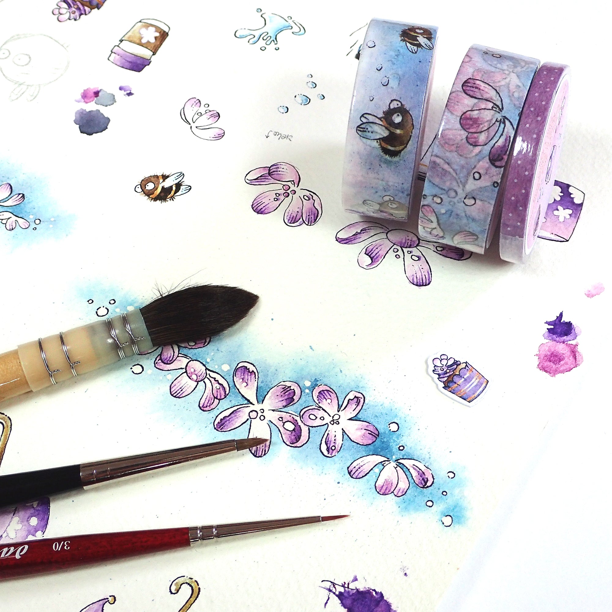 Watercolor details for Watercolor washi tapes with buzzing bumbleblees