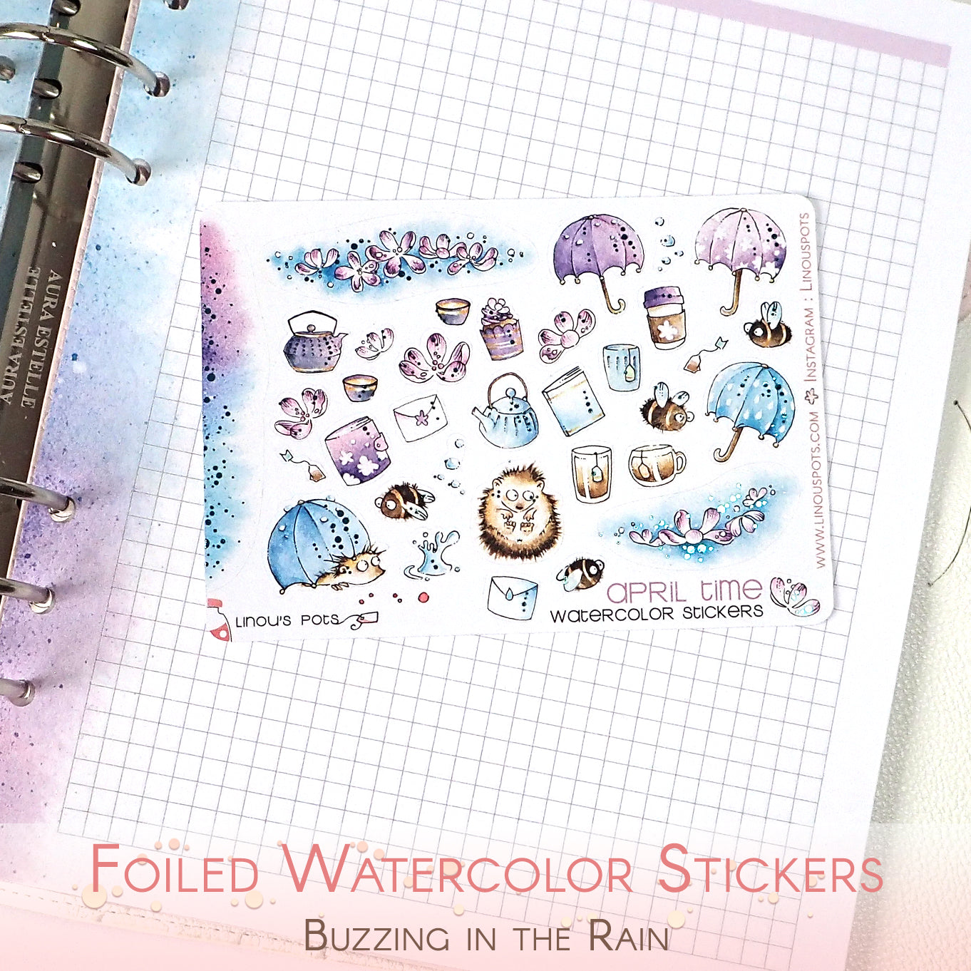 Foiled watercolor planner stickers with hedgehogs, flowers and umbrellas under the rain