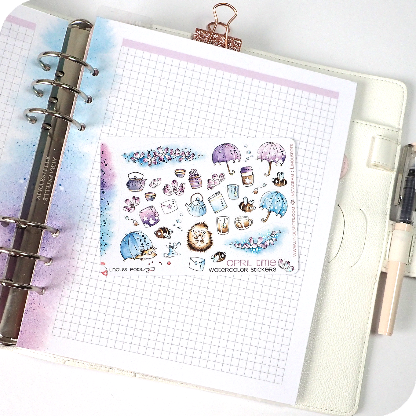 Foiled watercolor planner stickers with hedgehogs, flowers and umbrellas under the rain