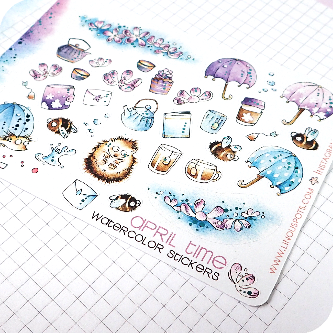 Foiled watercolor planner stickers with hedgehogs, flowers and umbrellas under the rain