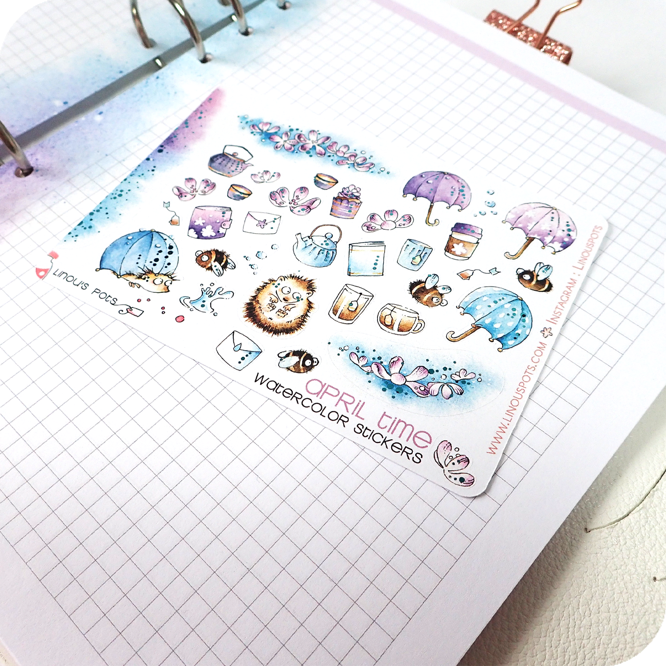 Foiled watercolor planner stickers with hedgehogs, flowers and umbrellas under the rain