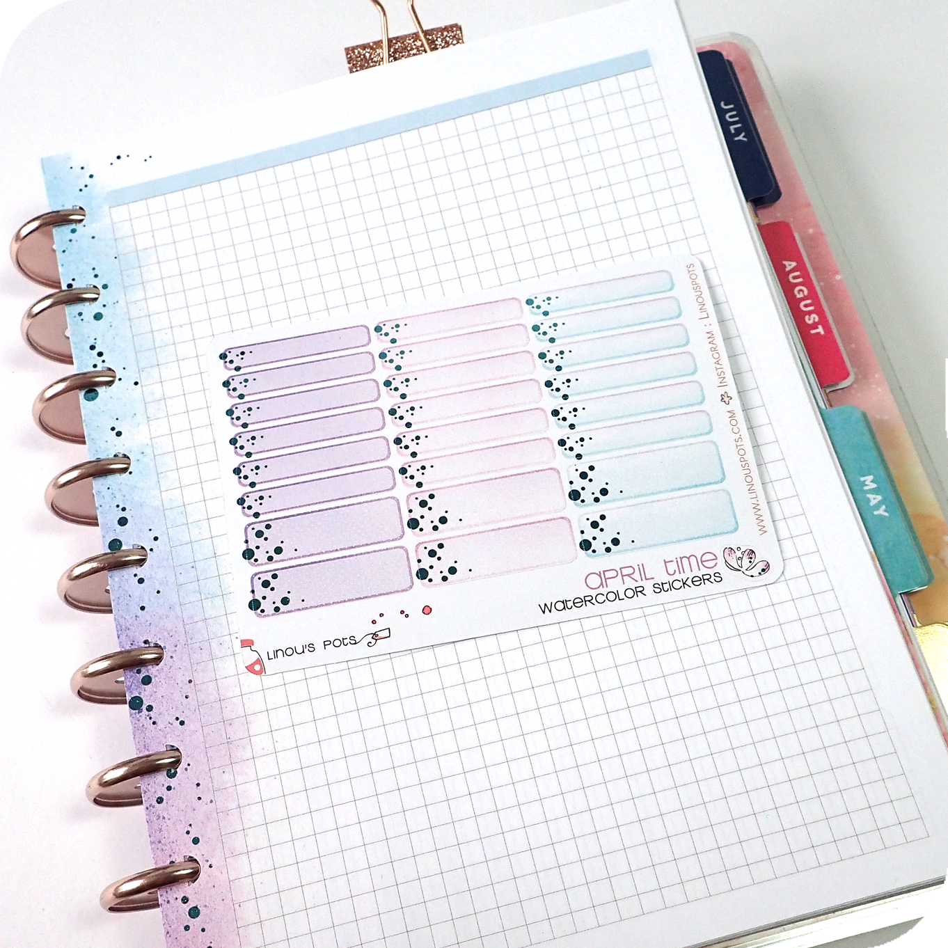 Watercolor planner stickers including 1,5'' wide miniboxes