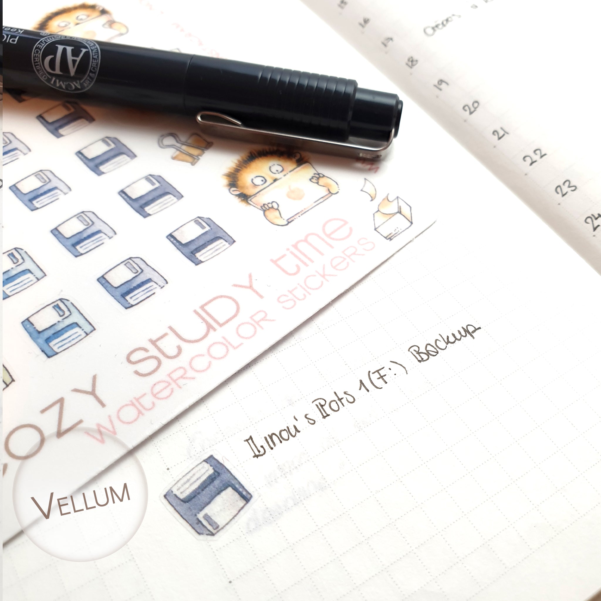 Example of a floppy disk watercolor stickers in a vellum finish