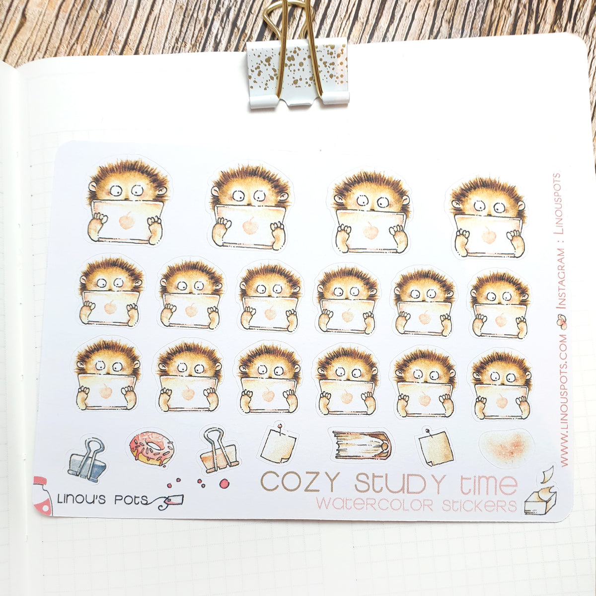 Study Time Sticker Cozy Study Time - Watercolor Planner Stickers MINI - Hedgehog Typing O ...
