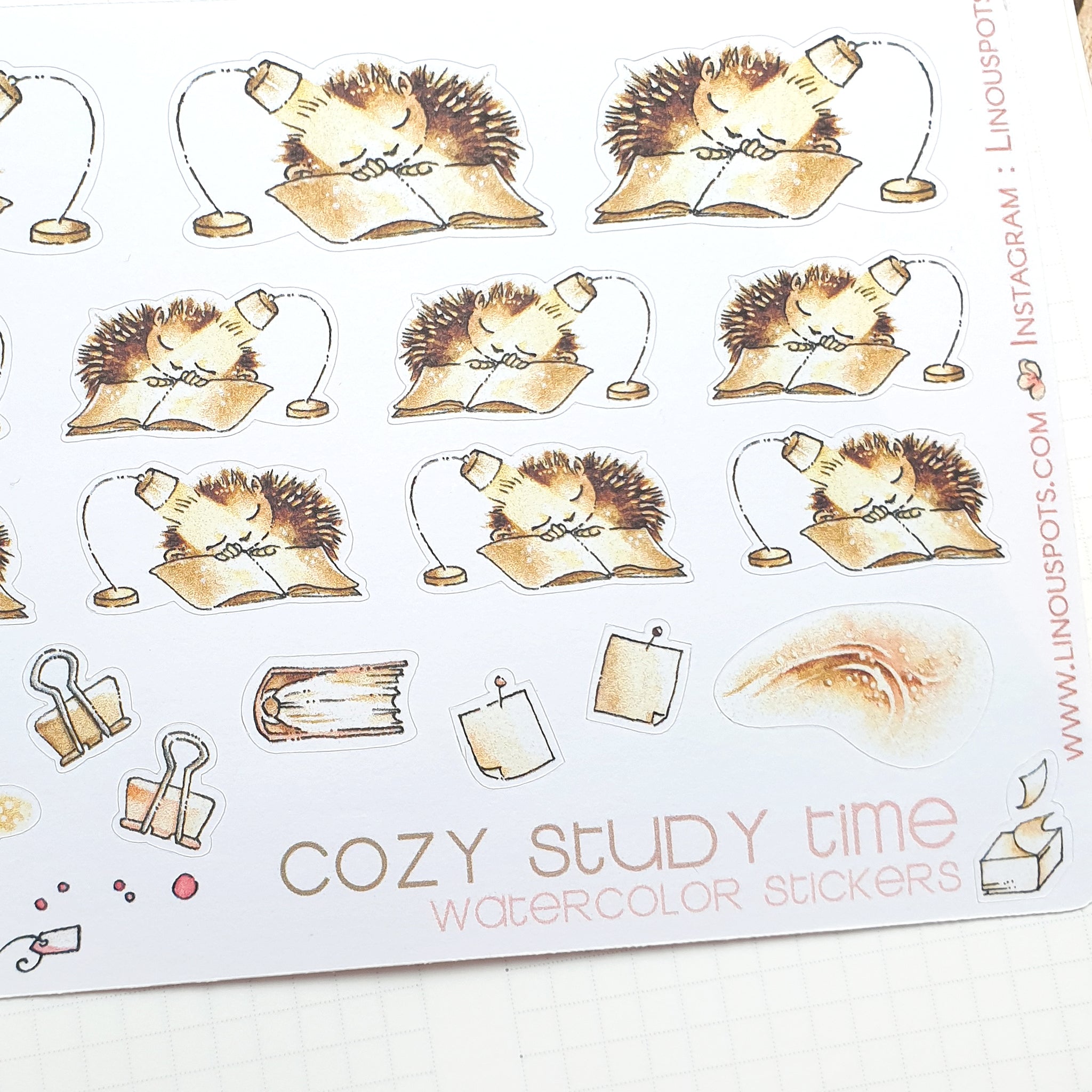 Close up of watercolor stickers with sleaping hedgeogs